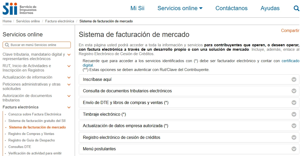 Portal público del SII: sistema de facturación de mercado, consulta de documentos y envío de DTE